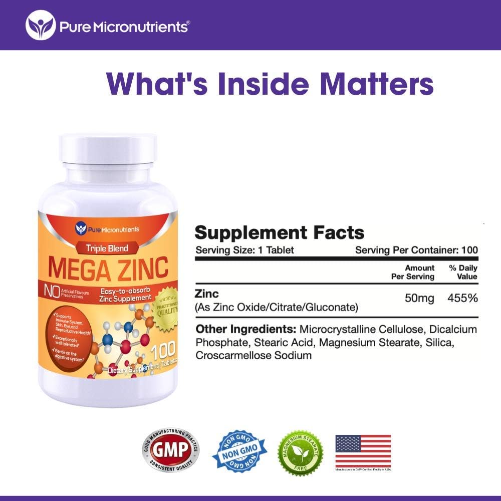 Mega Zinc Supplement, 50mg - 3-in-1 Zinc Complex - 100 Tablets - Pure Micronutrients: Health & Personal Care