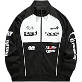 GORGLITTER Men's Y2K Varsity Bomber Jacket Graphic Zip Up Racer Jackets Color Block Loose Motorcycle Biker Coats