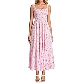 VKIHOC Floral Midi Dress Casual Lace Up Flowy A Line Square Neck Wedding Guest Summer Dress for Women 2026