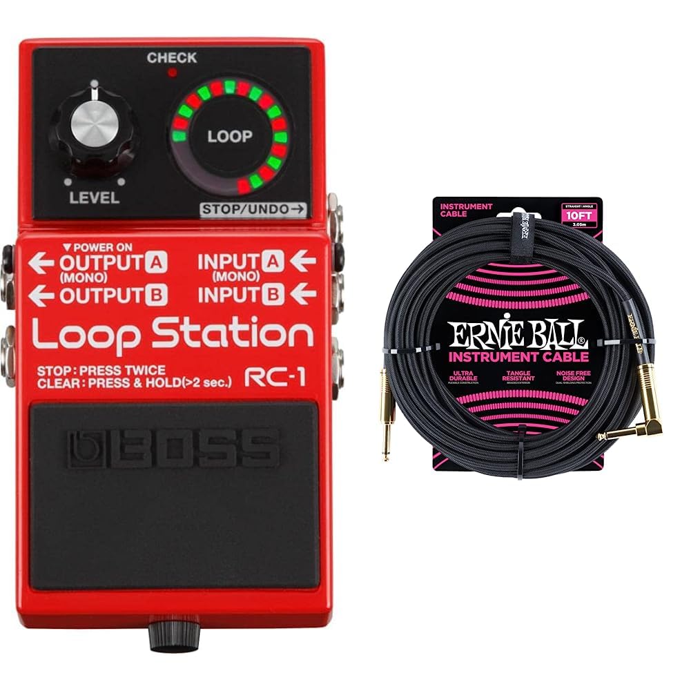 Boss RC-1 Loop Station & Ernie Ball Braided Instrument Cable, Straight/Angle, 10ft, Black (P06081) Image