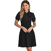Allegra K Elegant Dresses for Women's Tie Neck Puff Short Sleeve Office Work Dress