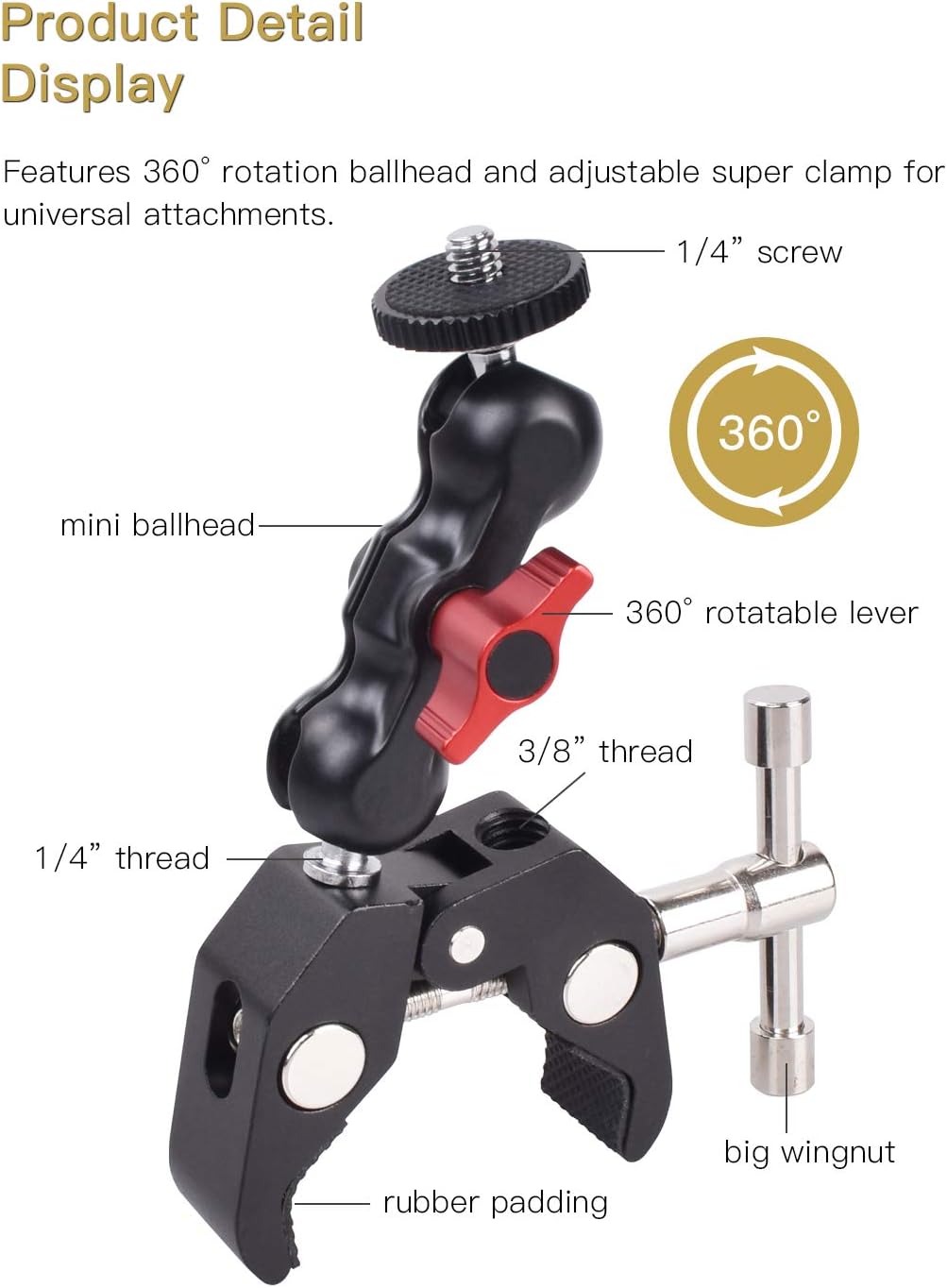 MOSHUSO Camera Mount Clamp with 360° Ballhead Arm, for DSLR Camera/Field Monitor/LED : Camera & Photo