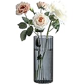 ComSaf Glass Cylinder Vases, Bud Vase for Centerpieces, 8 Inch Tall Ribbed Vase Hurricane Floating Candle Holder, Decorative Flower Vases for Wedding Reception, Home Decor, Housewarming Gift (Grey)
