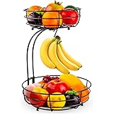 Auledio Iron 2-Tier Countertop Fruit Vegetables Basket Bowl Storage With Banana Hanger, Black, 64 ounces