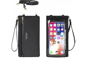 ASLANA Women Faux Leather Long Wallet Wristlet Handbag with Touch Screen Clear Phone Window (Double Zipped Black)