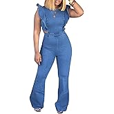 Sexyshine Women's Halter Lace Up Backless Casual Wide Leg Blue Denim Long Jumpsuit Playsuit Rompers With Belt