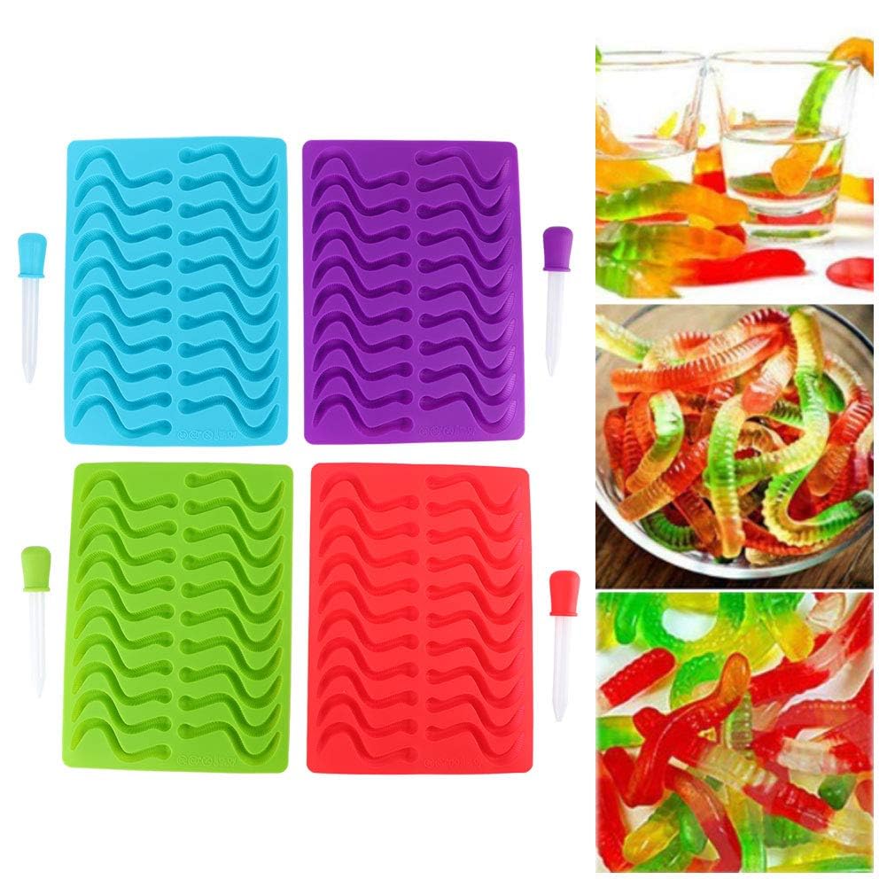 4PCS Gummy Worm Molds, Silicone Nonstick Reusable Candy Baking Mold Chocolate Molds Ice Cube Trays with 4 Droppers for Kids