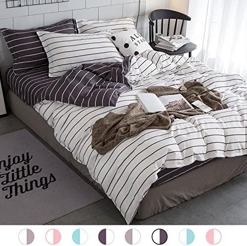 ZHIMIAN Bedding Reversible 3 Piece Striped Print Duvet Cover Set with Zipper Closure(1 Duvet Cover + 2 Pillow Shams)(Queen,White With Grey)