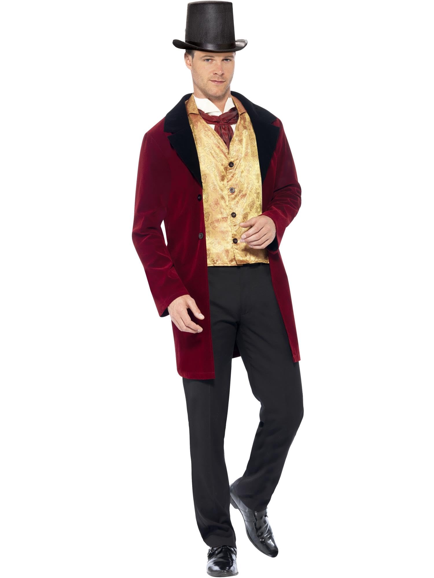 Smiffys Deluxe Edwardian Gent Costume, Red with Jacket, Mock Waistcoat & Cravat, Historical Fancy Dress, Medieval Dress Up Costumes
