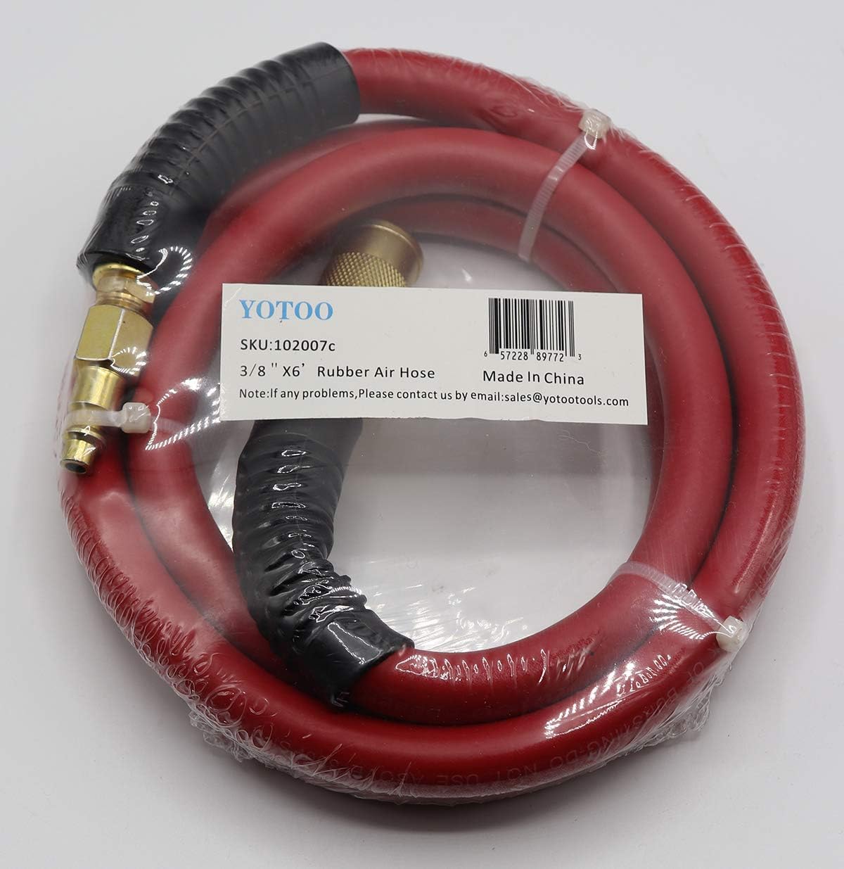 YOTOO Rubber Lead-in Air Hose 3/8-Inch by 6-Feet 300 PSI Heavy Duty, Kink Resistant, All-Weather Flexibility with 1/4-Inch Brass Male Fittings, Bend Restrictors, Red - - 