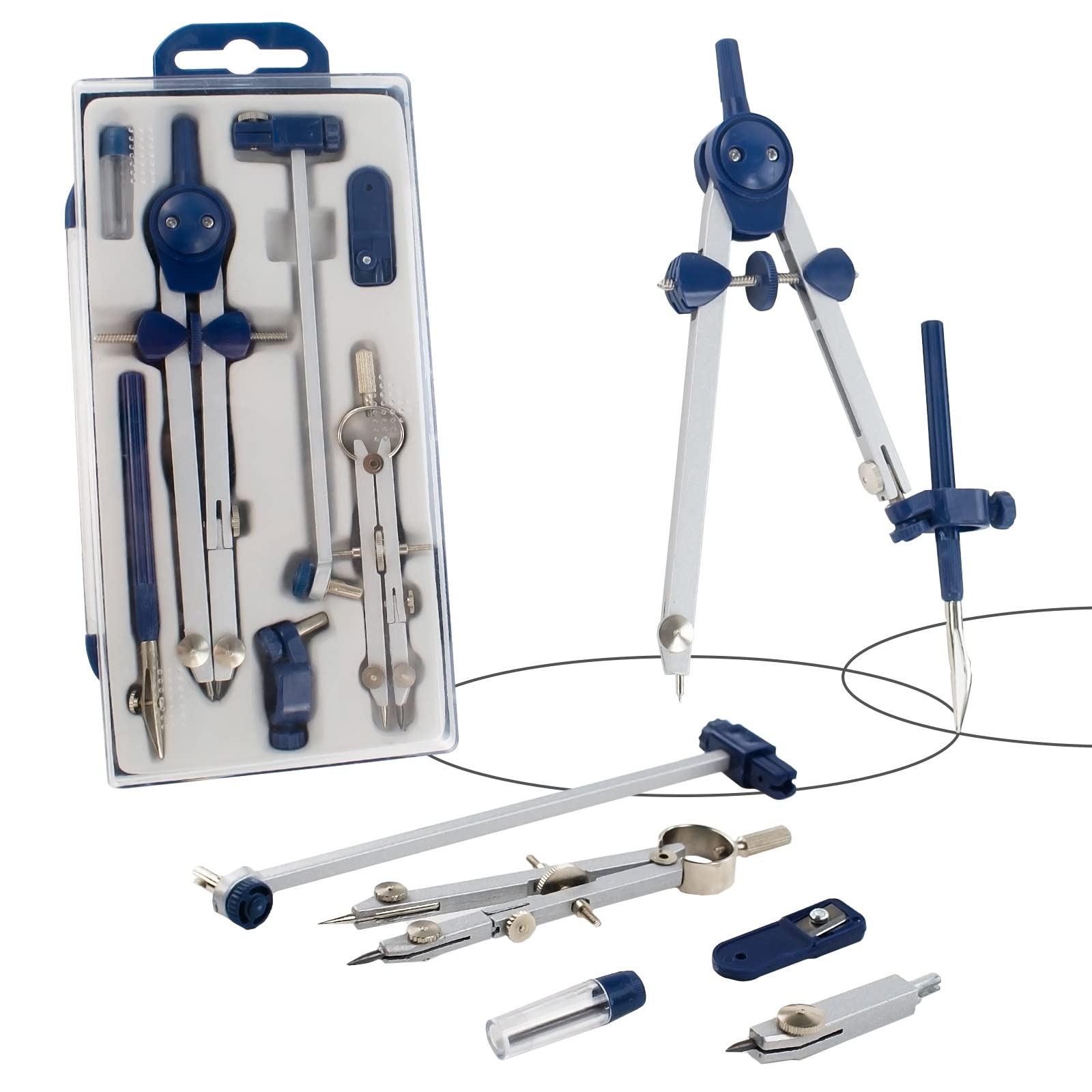 CIOUYAOS Geometry Set 7PCS Professional Compass Set, Precision Metal Drawing Tool with Spring Bow Head, Drafting Dividers Tool Set Math Compass with Wheel and Lock for School Woodworking