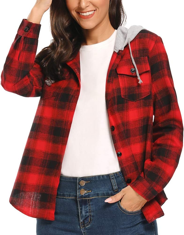 BomDeals Women's Classic Plaid Cotton Hoodie Button-up Flannel Shirts