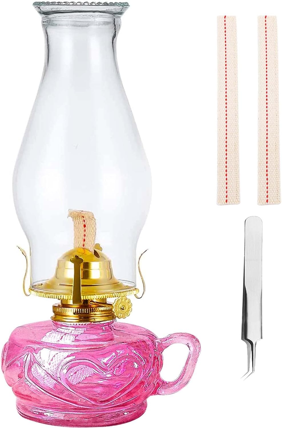 Oil Lamps & Accessories - Rustic Oil Lamp for Indoor Use,Large Kerosene Lamp with Handle,2 Pcs Wicks and 1 Tweezers,Vintage Glass Hurricane Lamp for Home Emergency Lighting (Pink)
