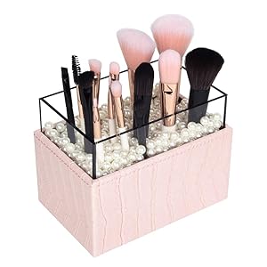 JackCubeDesign Makeup Brush Holder with Pink Pearls and Acrylic (Pink, 3.7 x 5.7 x 4.3 inches)-:MK283B