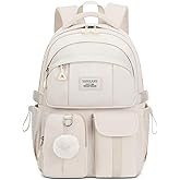 Teen Girls Backpack for School, Multi-pocket Aesthetic Middle School Book Bag College Travel Back Pack Kid Casual Laptop Backpack for Women (Beige)