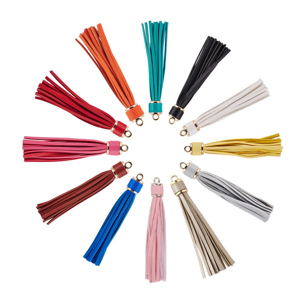 NBEADS 12 Pcs Tassel Pendants Jewelry Tassels Leather Tassels with Caps for Diy Jewelry Accessories Making, 13 Colors, 110x15mm, Hole: 4mm