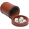 RERIVER PU Leather Dice Cup Set with Lid Dark Brown Felt Lining Quiet Shaker Cup Includes 6 Dot Dice for Liars Dice Farkle Yahtzee Board Games, 1 Pack