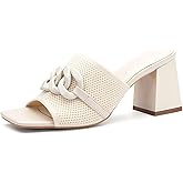 NEWBELLA Women's Raffia Slide Sandals Square Open Toe Chunky Heeled Sandals with Metal Chain Dressy Casual Summer Shoes