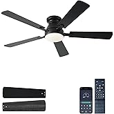 Ayaoty 54 inch Ceiling Fans with Lights and Remote, Low Profile Ceiling Fan with Light, Flush Mount, Reversible, 3CCT, Dimmable, Noiseless, Black Ceiling Fan for Bedroom, Indoor/Outdoor Use