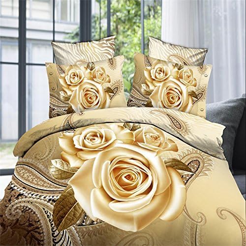 3D Golden Roses print Bedding Set, 100% Cotton Queen Size 3d Bedding Sets, 4PCS with Duvet Cover, Bed Sheet, 2*Pillow Case(Comforter Not Included)