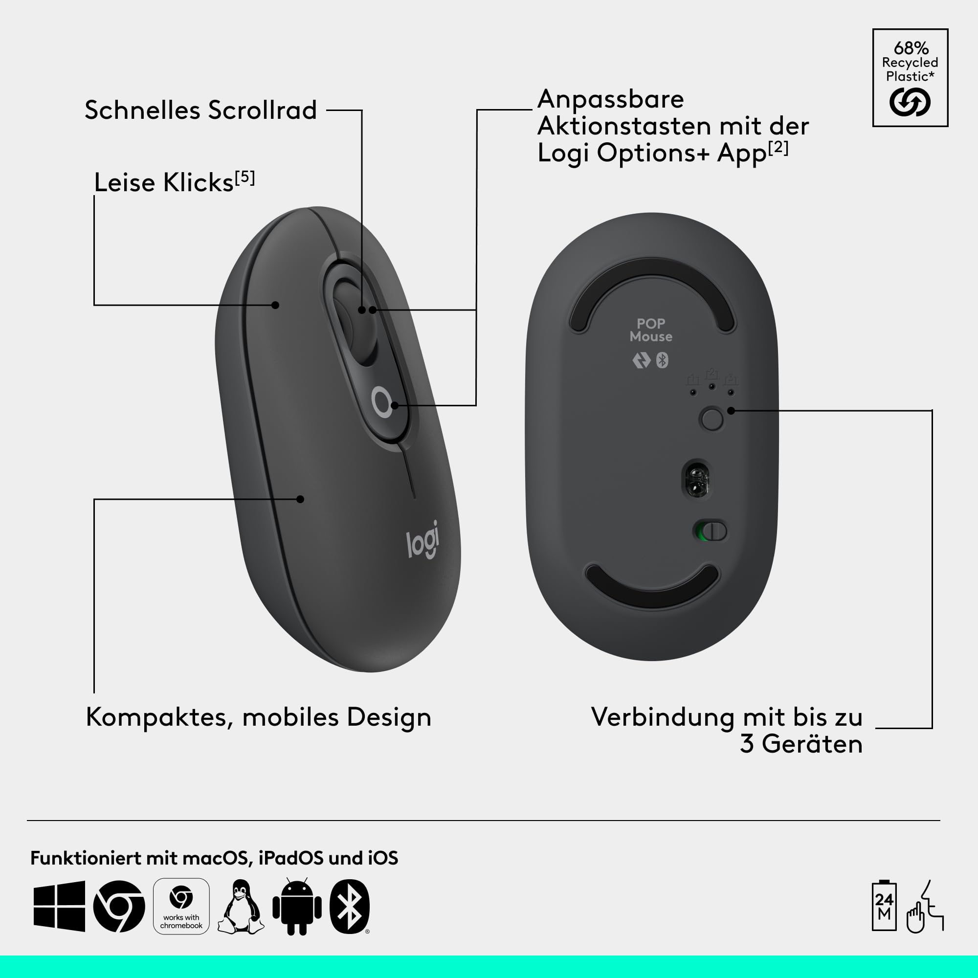 Logitech POP ICON Combo, Bluetooth-Tastatur-Maus-Set, Komfortables Tippen, programmierbare Tasten, leise Klicks, Easy-Switch für bis zu 3 Geräte, QWERTZ DEU – Grafit 7