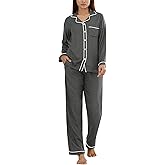 SWOMOG Womens Pajama Sets Long Sleeve Button Down Sleepwear Soft Pjs Lounge Sets with Pockets Navy Blue Wide Piping