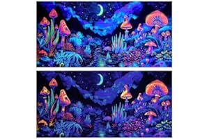 Dtekoj 24X16IN Blacklight Mushroom Flower Black Light Aquarium Background, UV Fish Tank Background Moonlight Mountain Forest Landscape Terrarium Background with 10 EVA Double-Sided Tape