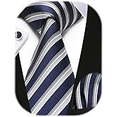 HISDERN Mens Ties Set Stripe Plaid Ties for Men and Pocket Square Cufflinks Formal Silk Necktie Wedding Business