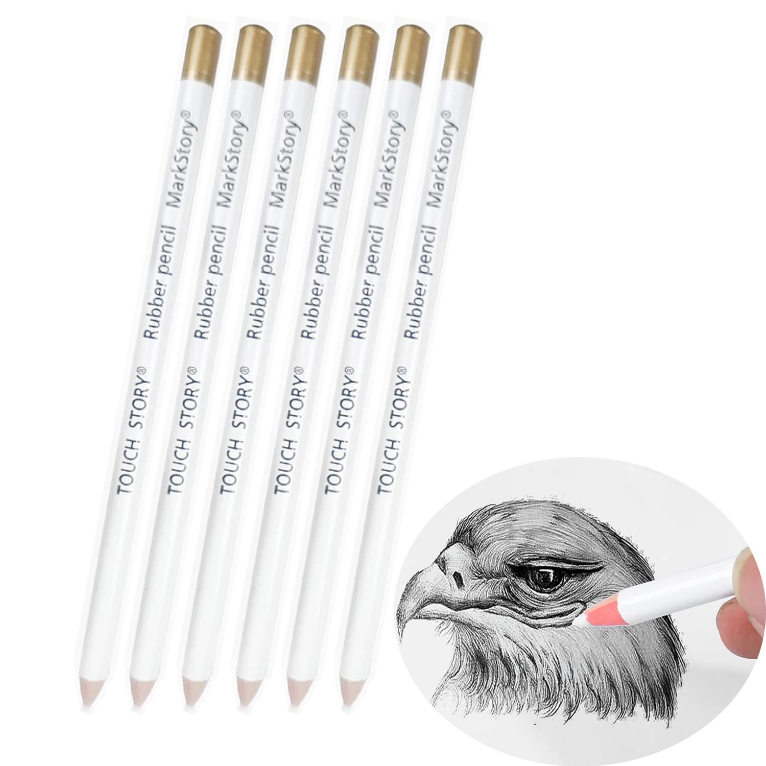 6pcs Wooden Sketch Eraser Pen Set for Artists, Charcoal Drawings, Highlight Painting, Revise Erasing Details for Students
