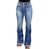 Flamingals High Waisted Bootcut Jeans for Women Frayed Hem Wash Stitch Detail Stretchy Butt Lifting Jeans