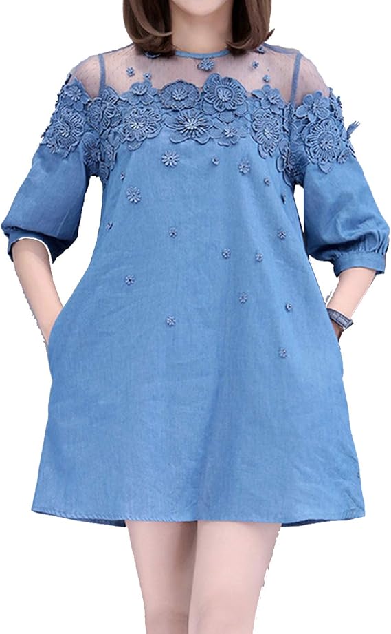 Naliha Women Denim Dresses Embroided 3/4 Long Sleeve Aline Jeans Plus
