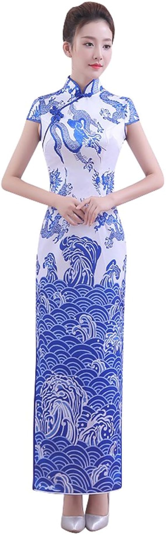 Amazon チャイナドレス ロング 着痩せ レディース 青花 白青 半袖 夏 チャイナ服 ワンピース 全3種類 ブルー S M L Xl Xxl Xxxl ワンピース チュニック 通販