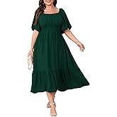 CICIDUDU Plus Size Smocked Maxi Dresses for Curvy Women Square Neck Flowy Casual Summer Wedding Guest Dress