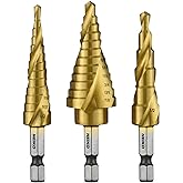 NEIKO 10181A Step Drill Bit Set, 3 Piece, Spiral Grooved for Faster Drilling, Step Bits for Stainless Steel, Metal, Wood, Plastic, Unibit Cone Drill Bits with 31 Step Sizes Total