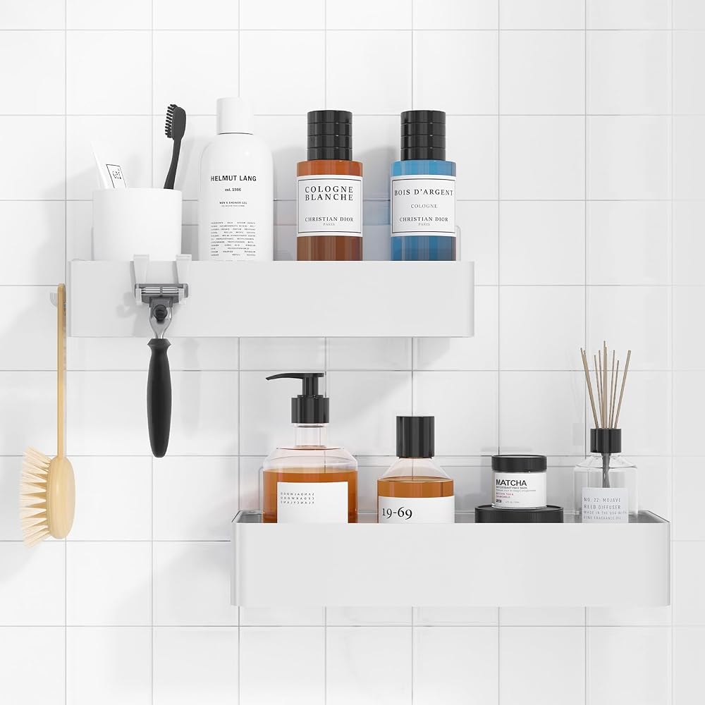Kitsure 2 Pack Rustproof Shower Caddy Large 2 Shelves Drill-Free White