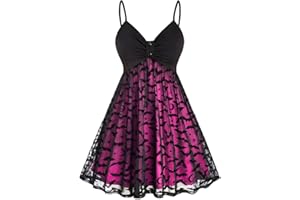 symoid Gothic Dress for Women Spaghetti Strap Button Corset Midi Dress Lace Sheer Bat Graphic Prom Goth Clothes