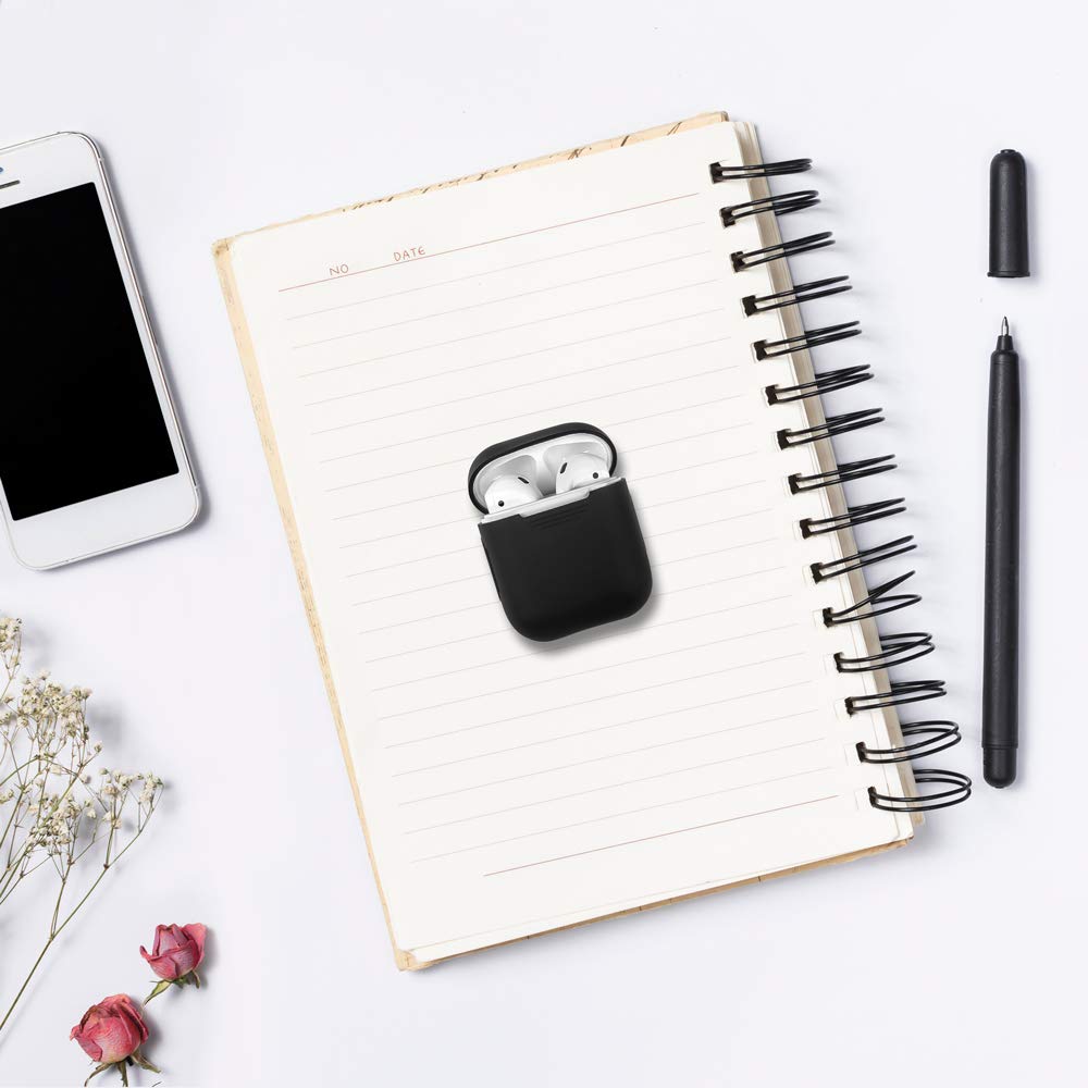 Airpods Case 4 in 1 New Bee Premium Silikon Kratzfestes Airpods Schutzhüllen Set für Airpods-Ladeetui mit Airpod Etui/Cliphalter/Band/Ohrhaken (Schwarz)