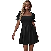 WDIRARA Women's Square Neck Flounce Short Sleeve Shirred Ruffle Hem Dress