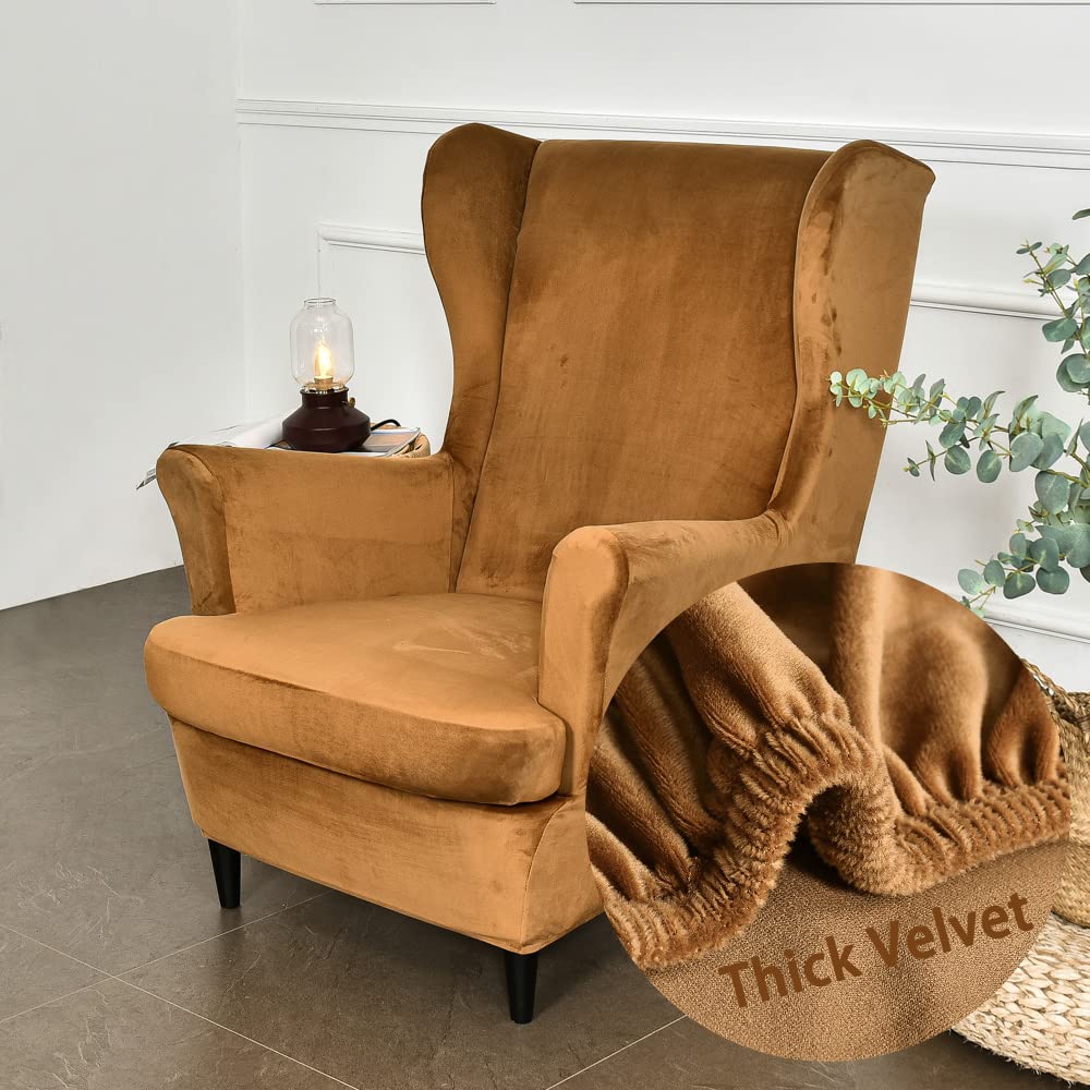 Highdi Wingback Chair Covers 2 Piece Stretch Wing Chair Slipcover, Fashion Solid color Velvet Strandmon Sofa Cover Furniture Protector for Armchair Chairs Living Room Bedroom Hotel (Camel)