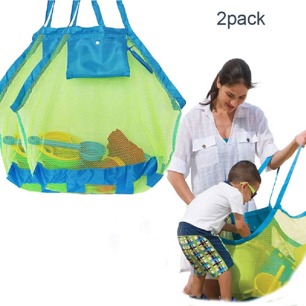 Large Capacity - Mesh Beach Tote Bag for Outdoor Swim Pool Childrens and Kids Toys Travel Towels Sand Away Organizer Storage Bags, Foldable & Lightweight (Green,Blue)