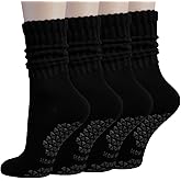 hoomore Slouchy Socks for Women,Pilates Socks with Grips for Women Non Slip Yoga Scrunch Crew Sock Barre Workout 4 Pack
