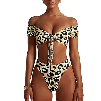 JEELINBORE Damen Zwei Stücke Bikini-Set Badeanzüge Lace Up Schulterfrei Bandeau BH Top Hohe Taille Slip