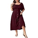 SHESTARR Plus Size Summer Dress Short Sleeve Square Neck Tie Front Smocked Button Down Flowy A-line Boho Maxi Long Dresses