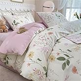 Sedefen Floral Duvet Cover Queen Size Pink Purple Floral Beddding Set with Zipper Closure, 3 Pieces Kids Girls Green Spring Flower Botanical Dragonfly Coquette Comforter Cover