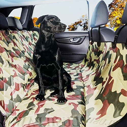 Plush Paws Pet Seat Cover with Seat Anchors Waterproof Side Flaps Hammock Non Slip Silicone Backing Bonus Pair of Best Harness &amp; Seat Belt for Cars, Trucks, SUV's &amp; Vehicles Military Camo