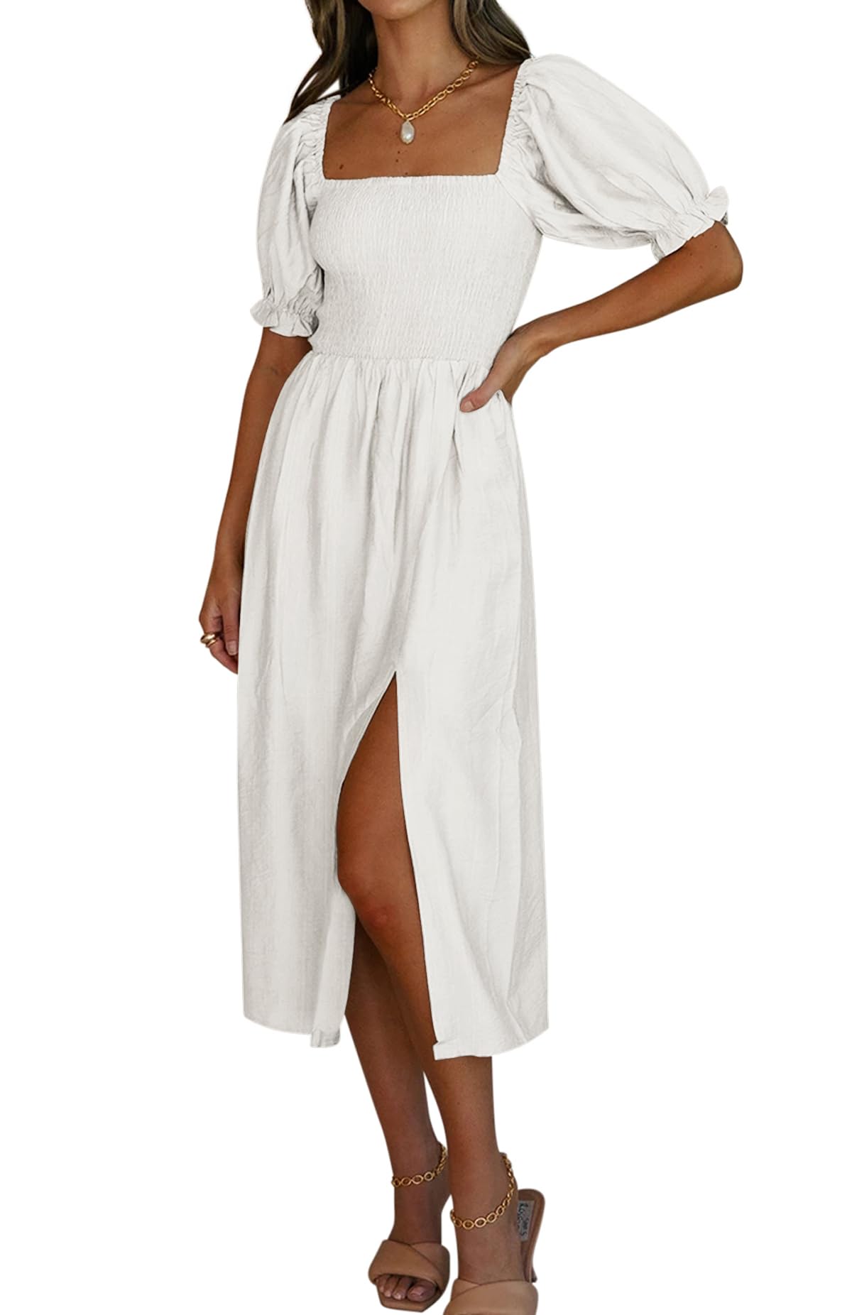 Photo 1 of R.Vivimos Summer Dress for Women Cotton Puff Sleeves Casual Off-Shoulder Boho Side Slit Midi Dress (Small, White)