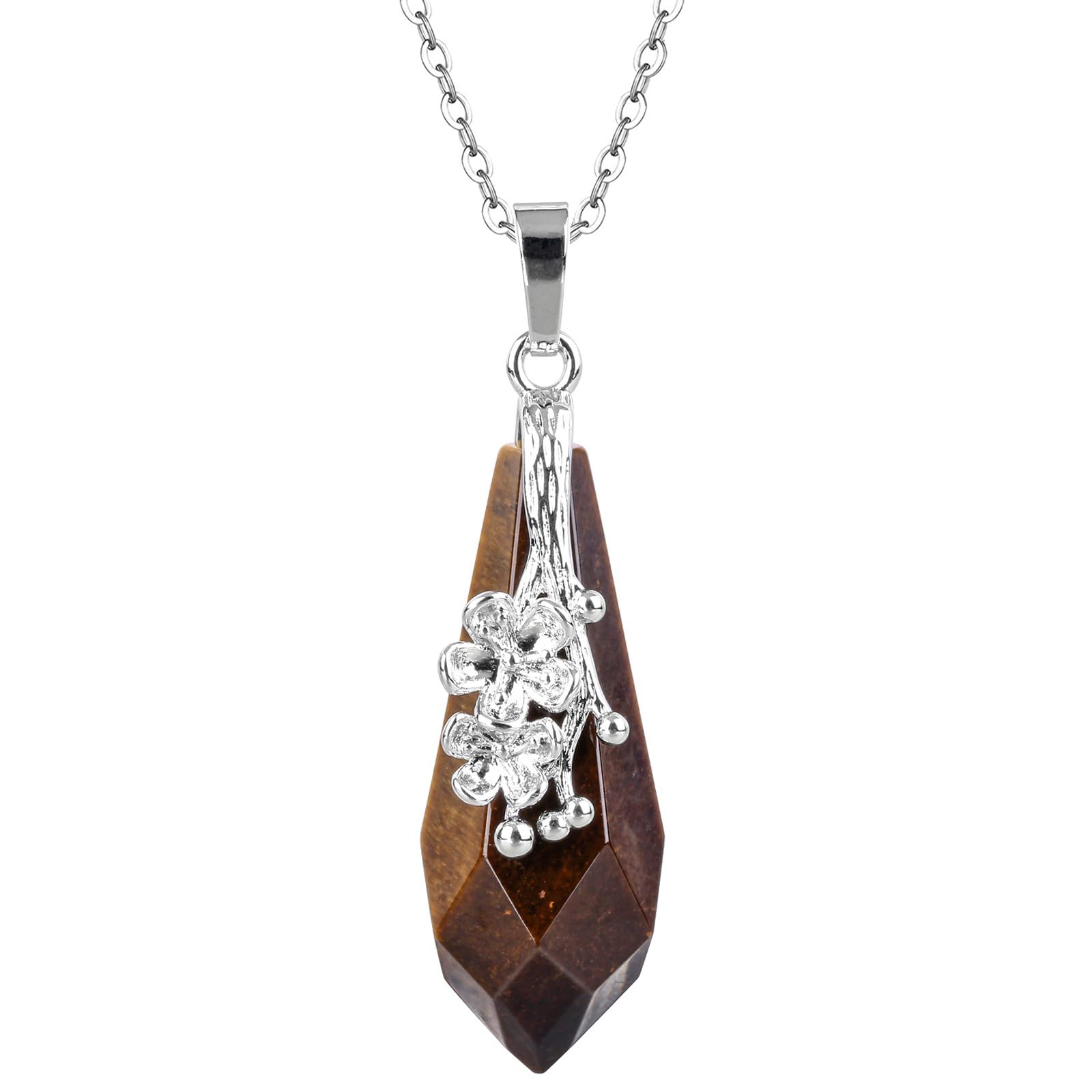 Nupuyai Tiger's Eye Crystal Point Pendant Necklace for Women Men, Flower Wrap Faceted Healing Stone Quartz Point Pendant with Chain