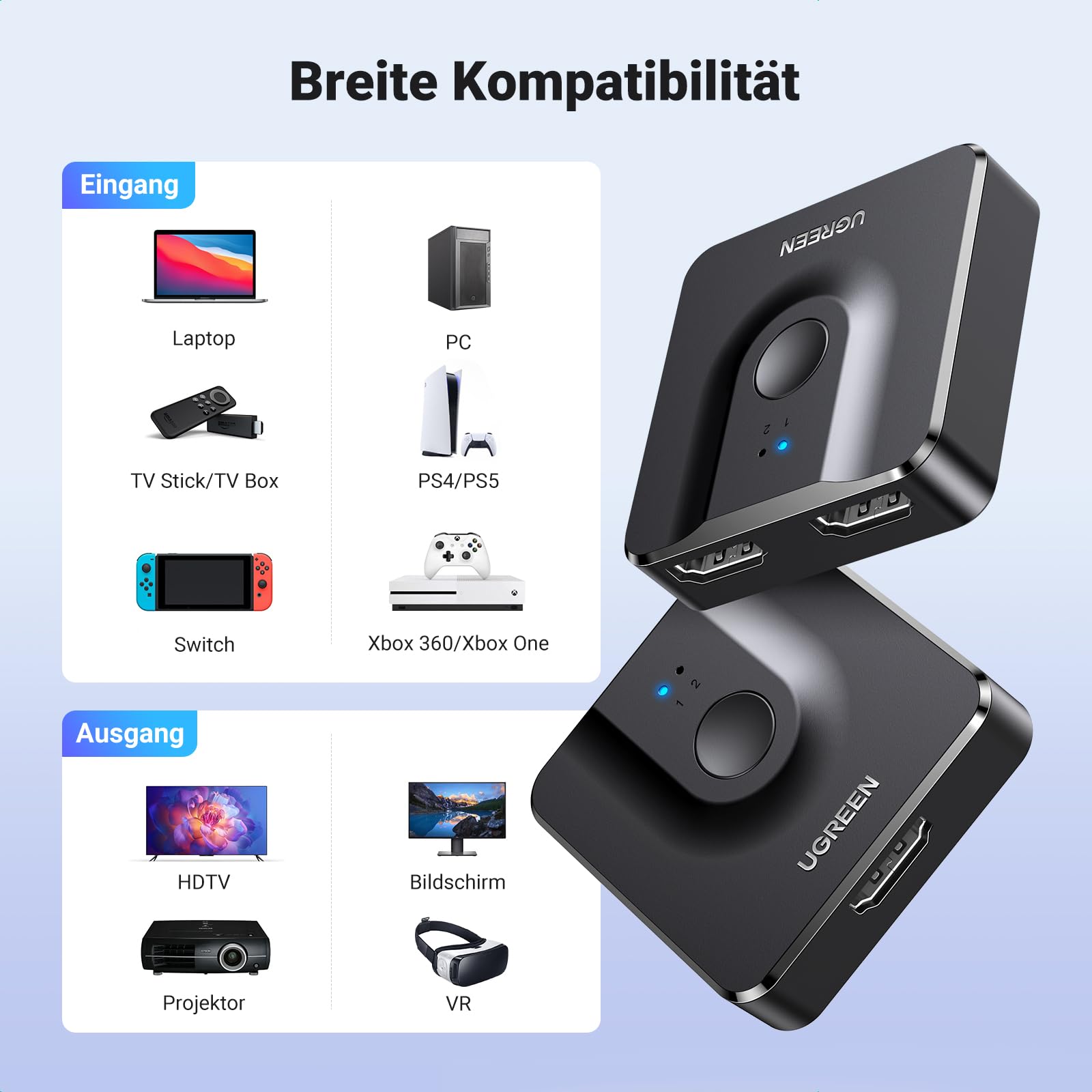 UGREEN HDMI 2.0 Switch 4K@60Hz Bidirektional HDMI Switch Splitter 1 in 2 Out/2 in 1 Out für PS5, PS4, Xbox,TV Box, TV Stick, Switch, Monitor, PC usw 8