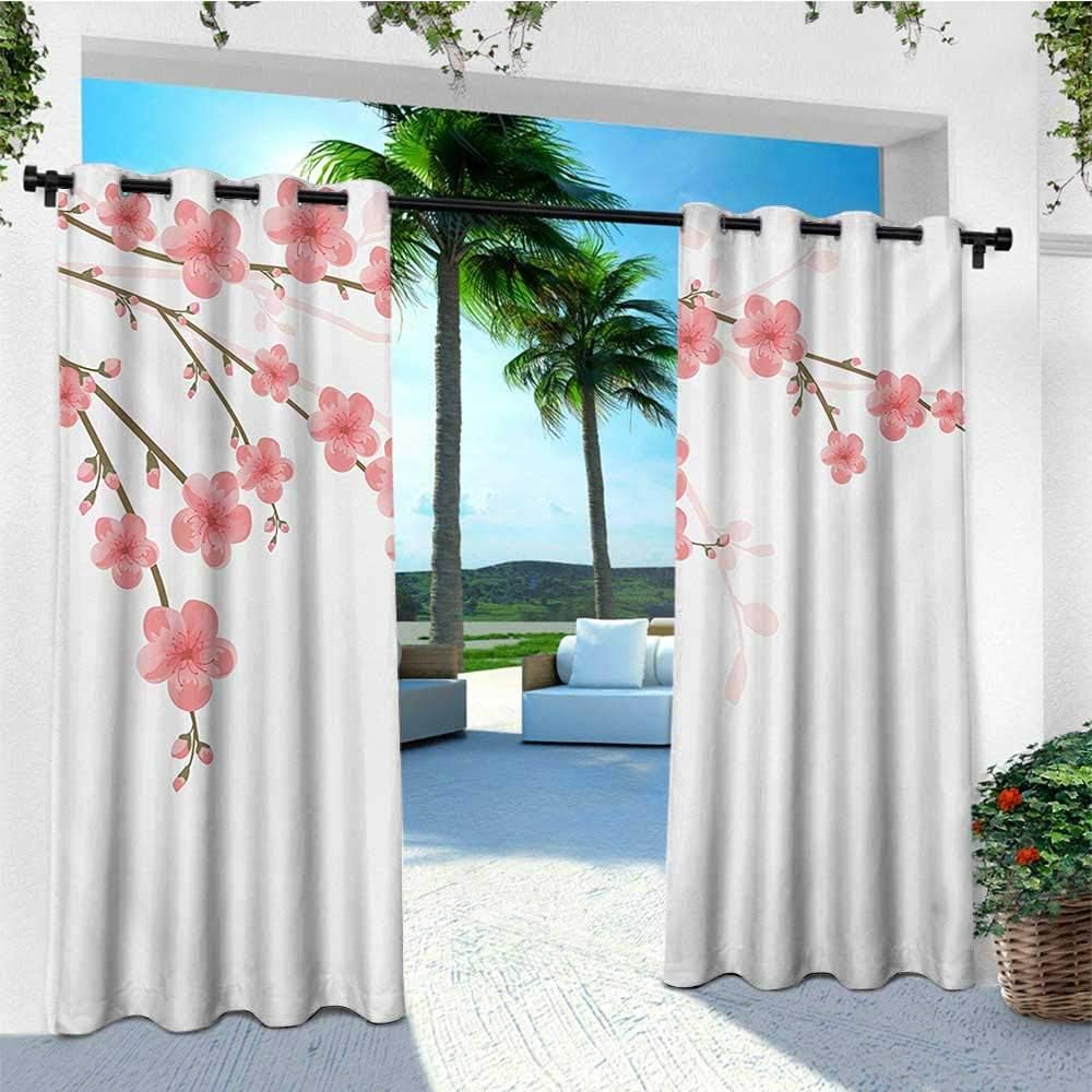 leinuoyi Floral, Sun Zero Outdoor Curtains, Cherry Blossom April Springtime Romantic Feminine Illustration Artwork Soft Colors, Outdoor Curtain Set for Patio Waterproof W96 x L96 Inch Pink Green
