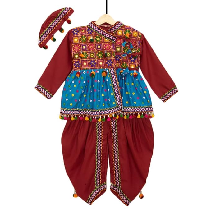 BownBee By Hopscotch Boys Cotton Embroidery Bandhani Print Kedia Dhoti in Maroon Color